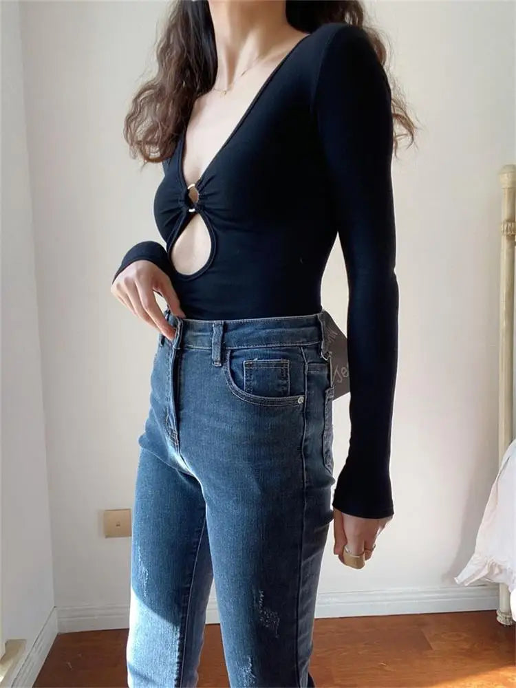’s Long-sleeved Bodysuit Color Hollow Low-cut V-neck Jumpsuit Spicy Girl Top Club Y2k Clothing