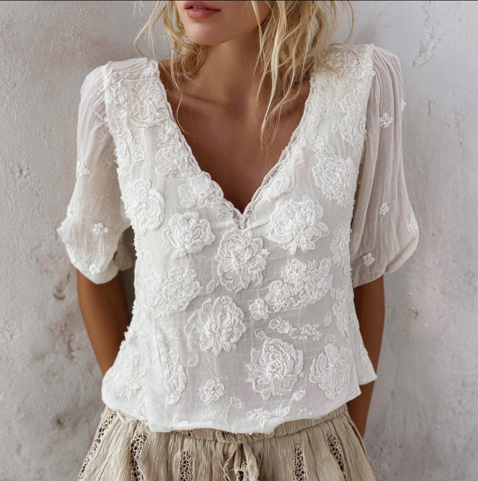 Bohemian Style Woman's V-neck White Rose Short-sleeved Shirt elevenforest