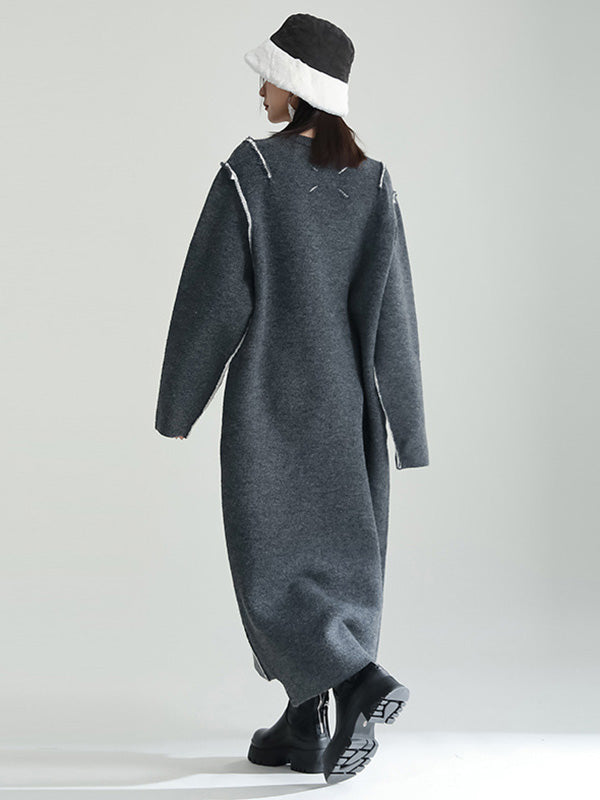 Long Sleeves Loose Color Round-neck Sweater Dresses