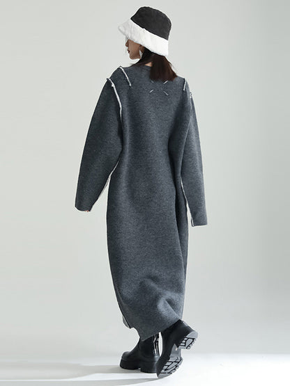 Long Sleeves Loose Color Round-neck Sweater Dresses