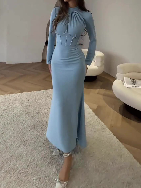 Bodycon Long Sleeves Pleated Color Tied Zipper Mock Neck Maxi Dresses