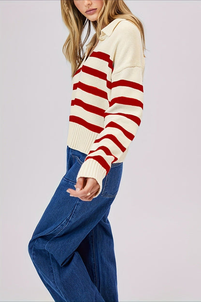 Striped Wool Collar V-neck Sweater