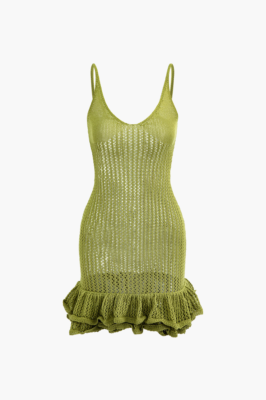 Color Open Knit Ruffle Hem Cami Mini Dress