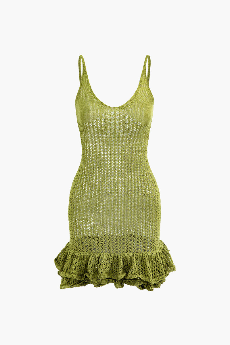 Color Open Knit Ruffle Hem Cami Mini Dress
