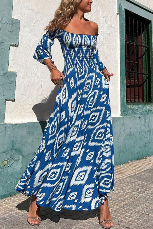 Street Vacation Style Print Off Shoulder Pocket Long Skirt