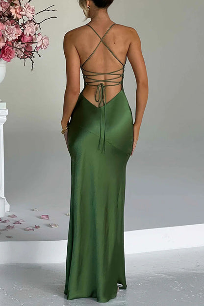 Satin Color Backless Lace Up High Slit Maxi Dress