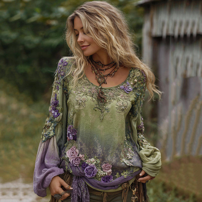 Vintage Purple Lavender And Floral Embroidered Linen Long Sleeve Shirt elevenforest