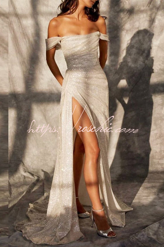 Silver Sequin Slit Off Shoulder Maxi Dress With Long Train