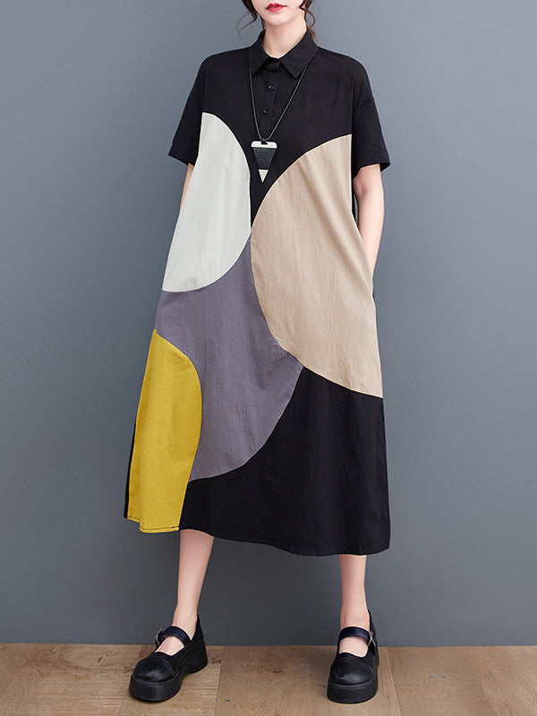 Loose Oversize Color-block Contrast Color Split-joint Lapel Midi Dresses Shirt Dress