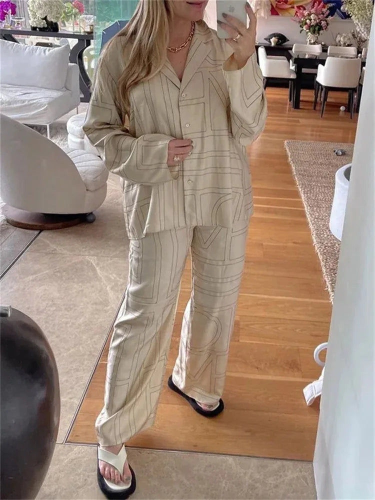 Patchwork Printed 2 Piece-set for Trousers Lapel Shirts Nightwear Slim High Waist ’s Pants Sets