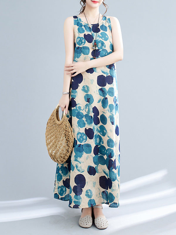 Loose Sleeveless Polka-dot Round-neck Maxi Dresses