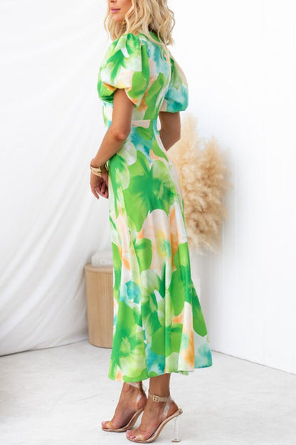 Sophia Print Satin Puff Sleeve Twist Bust Cutout Midi Dress