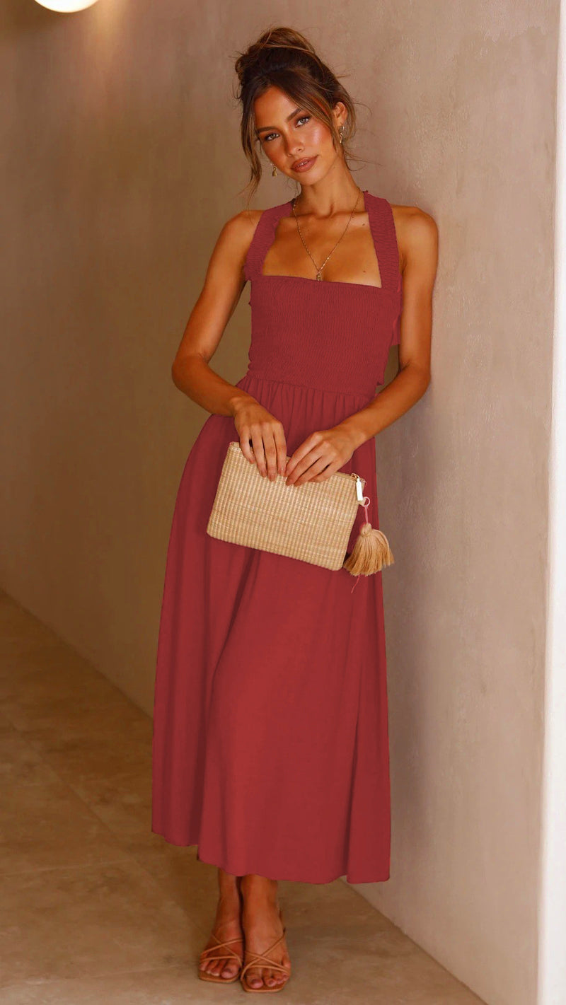 Red Cotton A-line Midi Dress