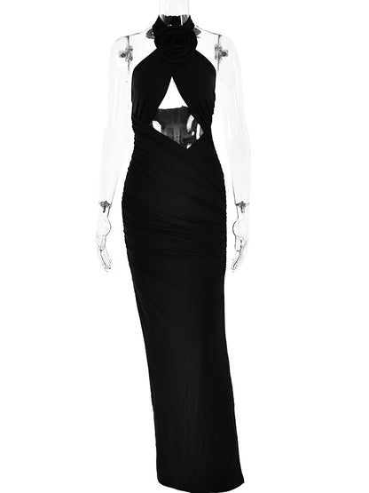 3d Flower Hollow Out Backless ’s Dress Zipper Female Sleeveless Bodycon Maxi Dress Party Club Evening Dress
