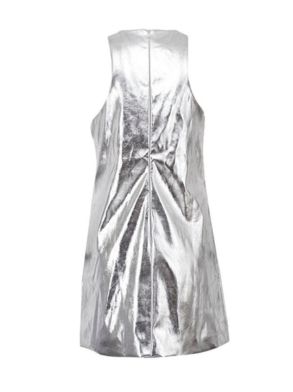 A-line Loose Shiny Color Zipper Round-neck Mini Dresses