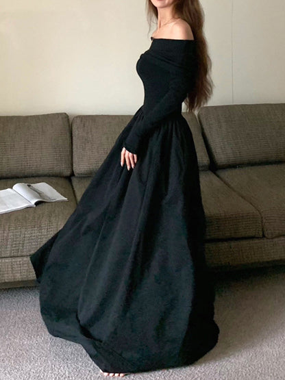 Long Sleeves Pleated Color Split-joint Off-the-shoulder Maxi Dresses