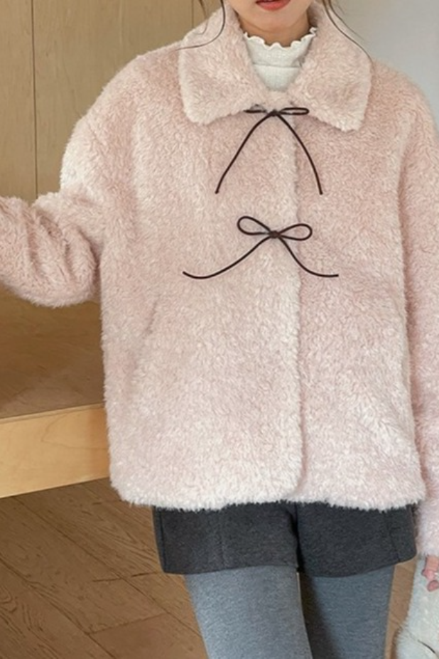 Color Block Bow Tie Fuzzy Tie-up Coat