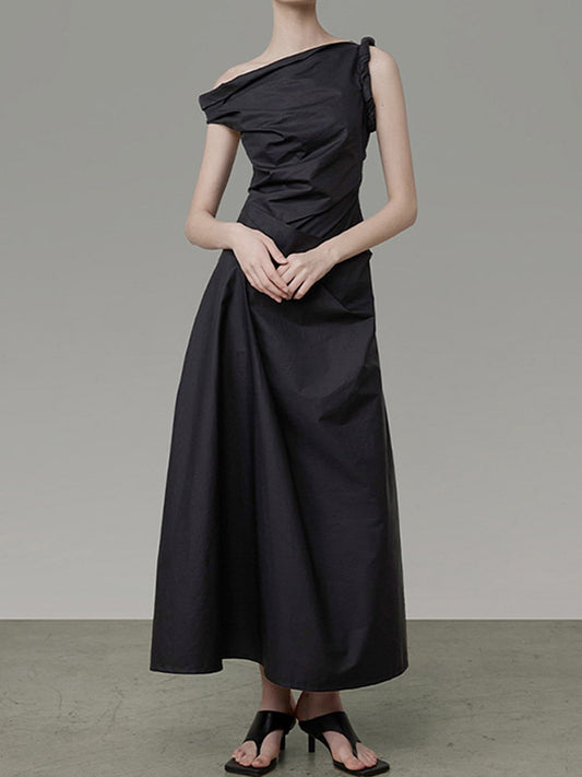 A-line High Waisted Asymmetric Color One-shoulder Midi Dresses