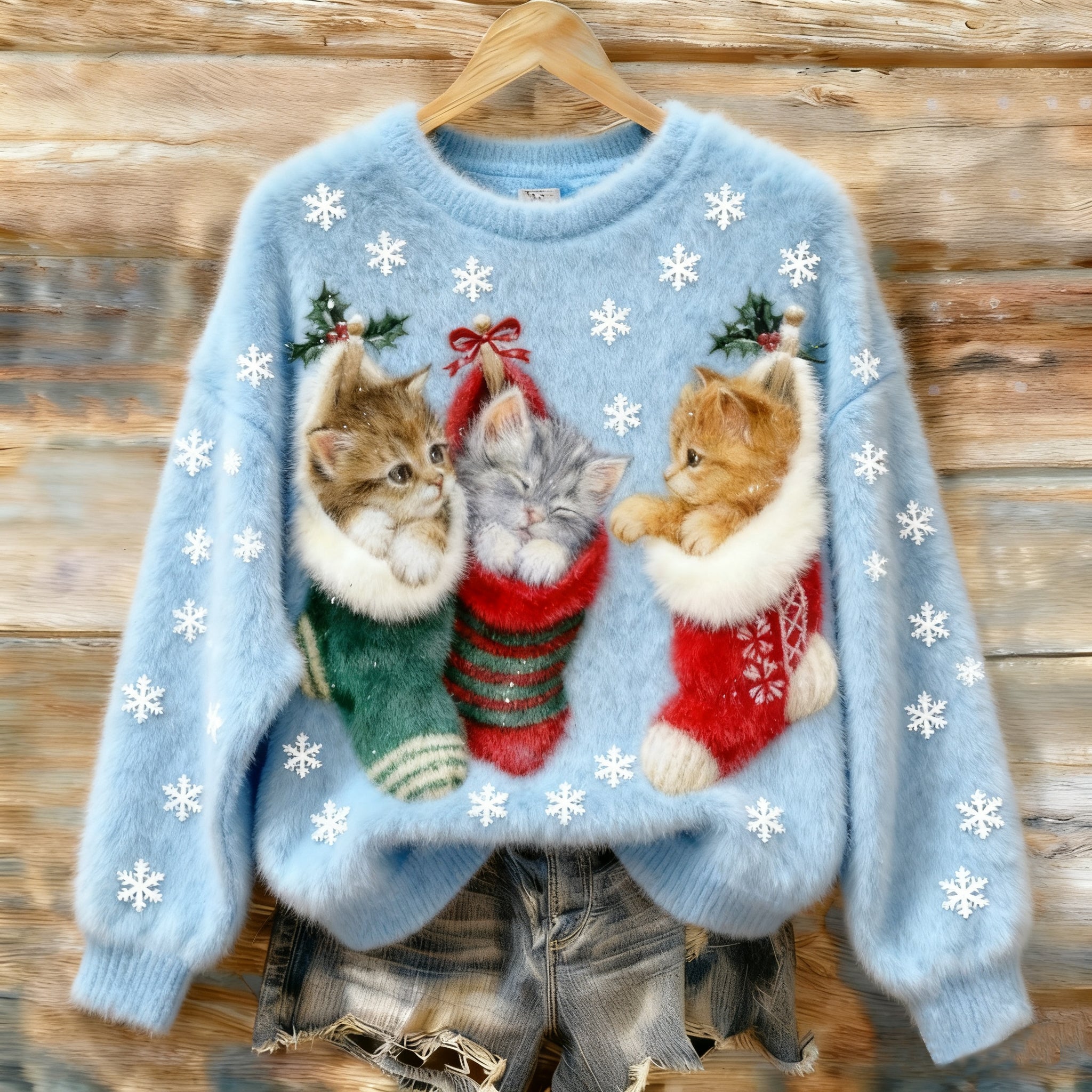 Vintage Christmas Stocking Kitten Art Women's Cozy Plush Sweater elevenforest