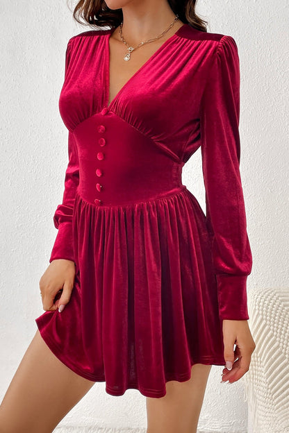 Velvet V-neck Button Slim Long-sleeve Mini Dress