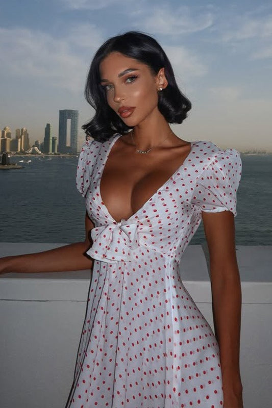 Deep V Puff Sleeve High Waist Polka Dot Mini Dress