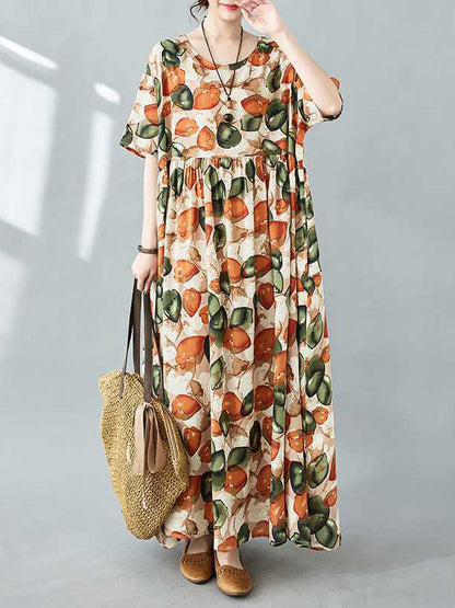 Half Sleeves Loose Pleated Printed Split-joint Round-neck Midi Dresses