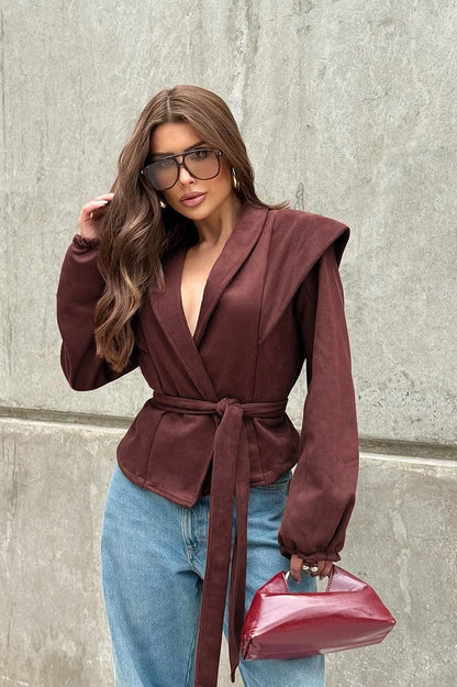 Wine Red Suede Tie-waist V-neck Coat