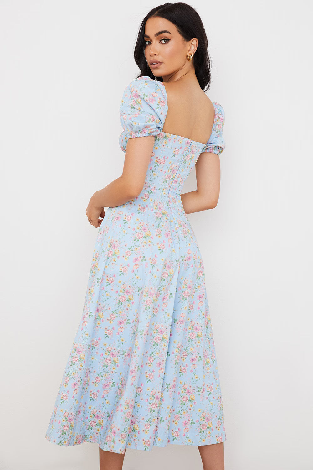 Blue Puff Sleeve Midi Dress