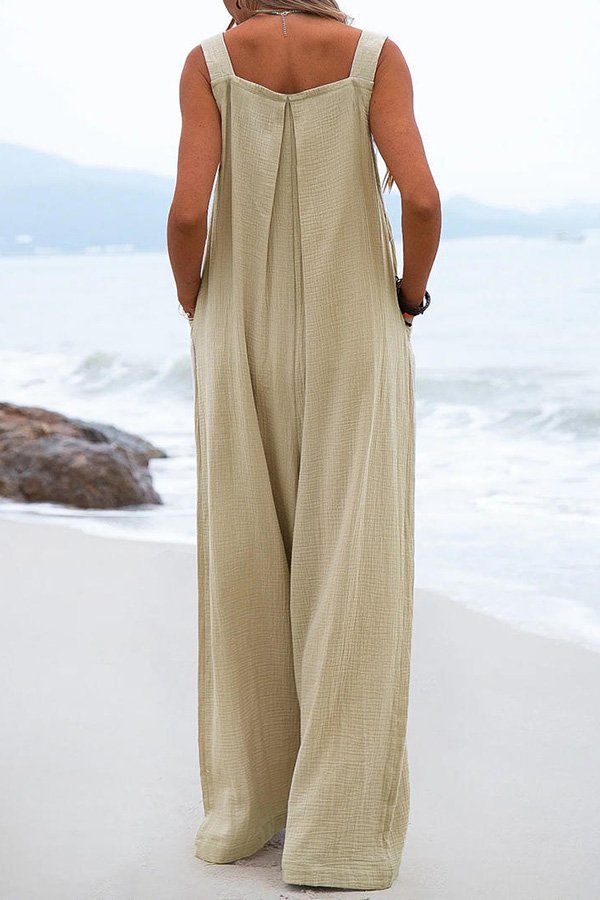 Button Suspender Wide Leg Line Jumpsuit