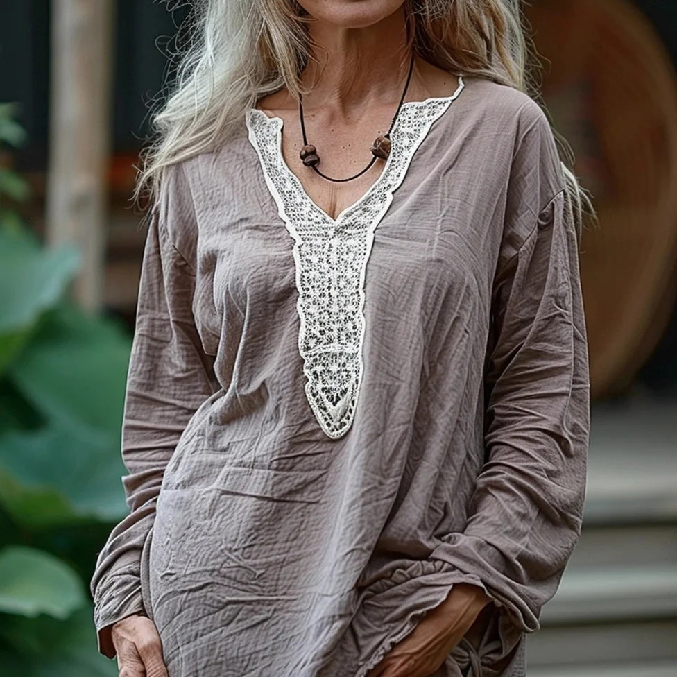 Elegant Lace Embroidery Floral Art Long Sleeve V-neck Shirt elevenforest