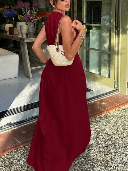 A-line Loose Pleated Pockets Split-joint Zipper Round-neck Maxi Dresses