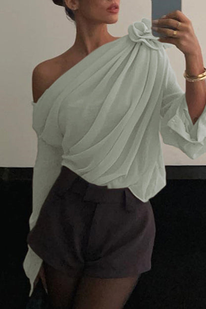 Three Dimensional Flower Tulle Off Shoulder Long Sleeved Blouse