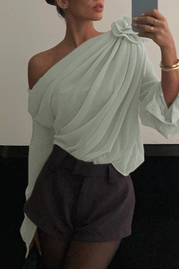 Three Dimensional Flower Tulle Off Shoulder Long Sleeved Blouse