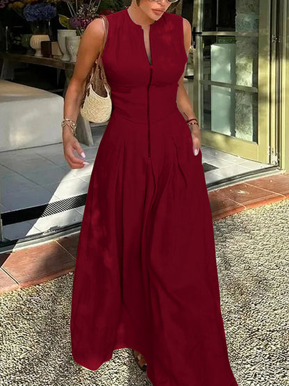 A-line Loose Pleated Pockets Split-joint Zipper Round-neck Maxi Dresses