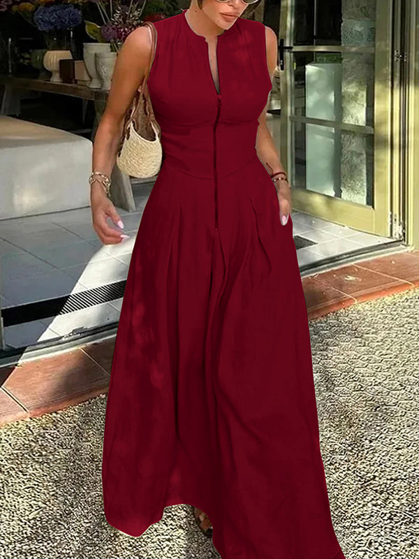 A-line Loose Pleated Pockets Split-joint Zipper Round-neck Maxi Dresses