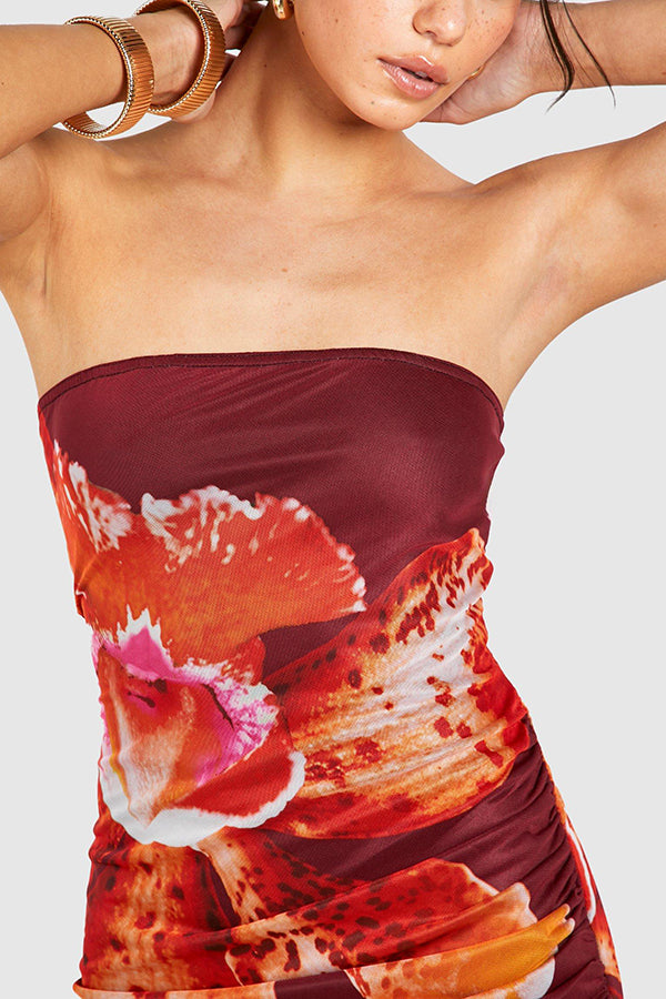 Oh So Sunny Mesh Print Bandeau Stretch Maxi Dress