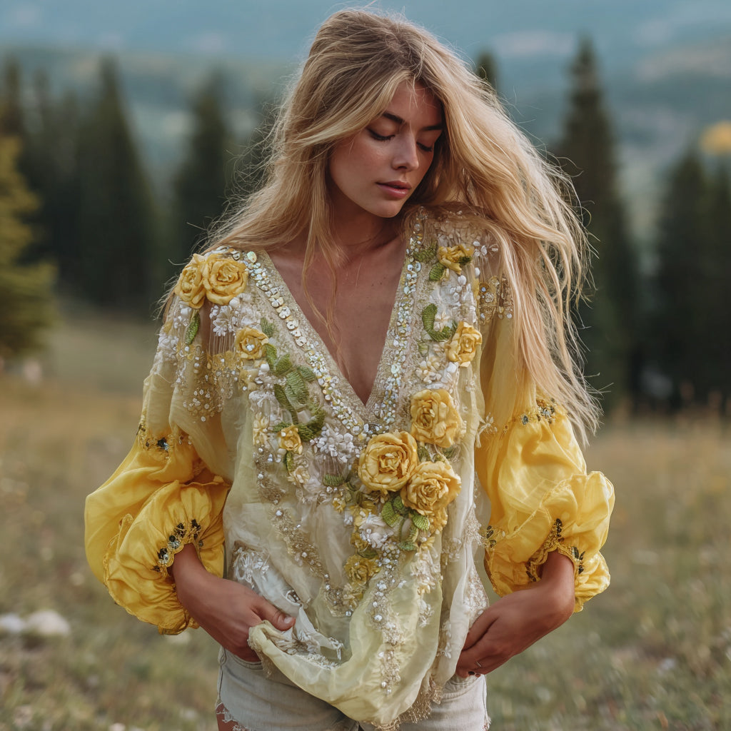 Women's Classic Bohemian Yellow Floral Embroidery Art Long Sleeve Linen Blend T-shirt elevenforest