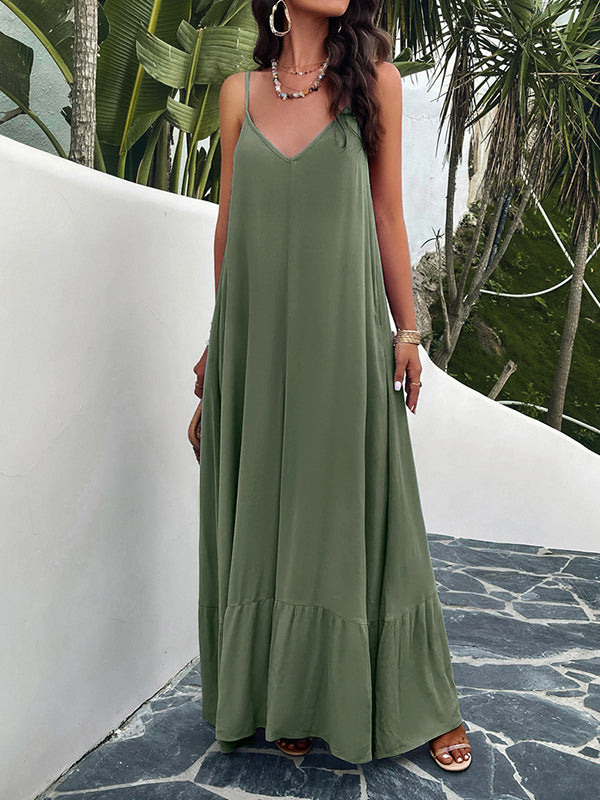 Loose Sleeveless Pleated Color Split-joint Spaghetti-neck Maxi Dresses