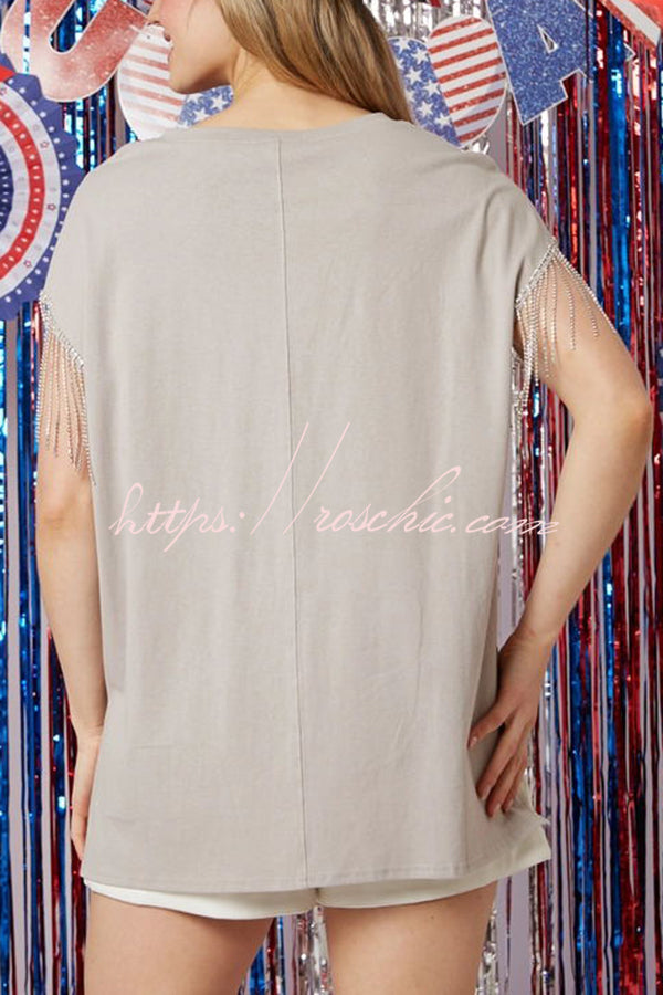 Extraordinary American Eagle Print Rhinestone Tassel Short Sleeve T-shirt