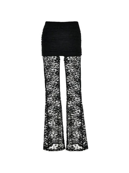 Black High Rise Flare Leg Pants With Lace Splice