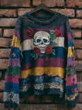 Vintage Skull & Roses Embroidered Patchwork Cozy Knitted Sweater artswardrobe