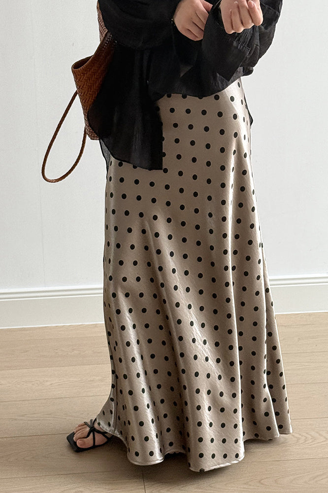 Polka Dot Satin High Waist A-line Midi Skirt