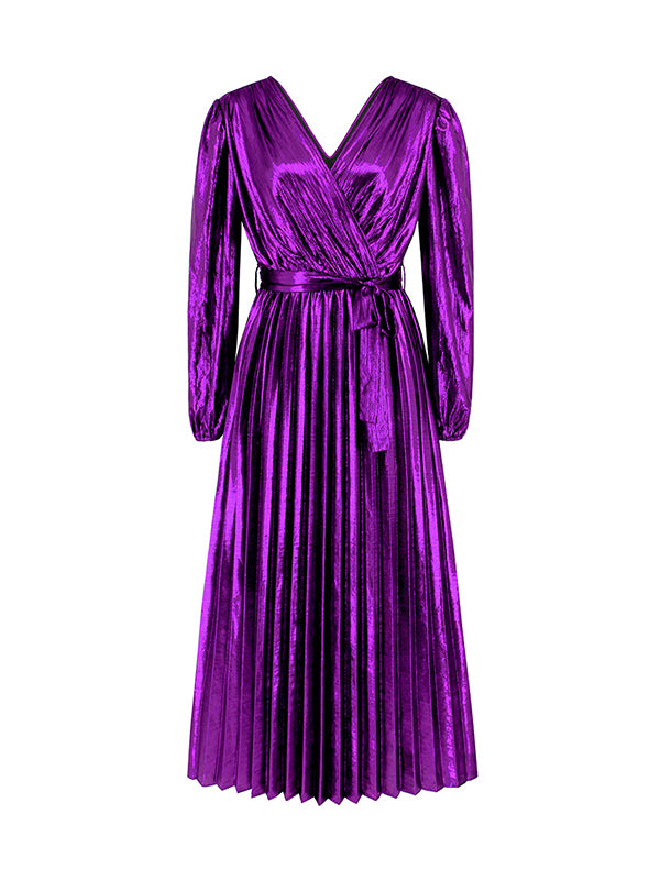 High Waisted Long Sleeves Bronzing Elasticity Pleated Color Tied Waist Deep V-neck Maxi Dresses