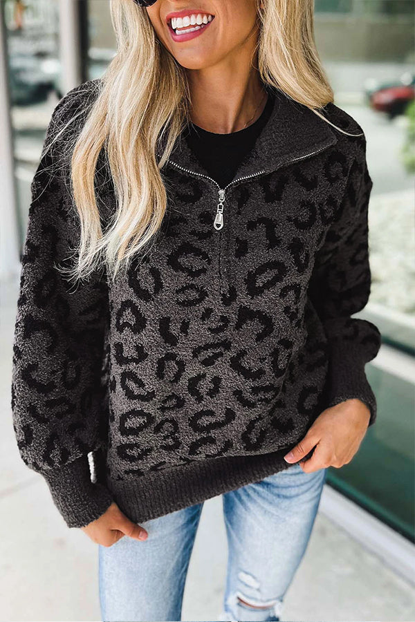 Animal Print Zipped Collared Sweater