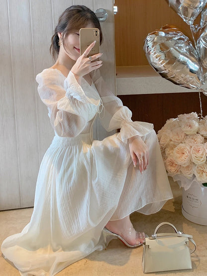 Long Sleeve Midi Dress Spring Summer New White Party Holiday Backless Prom Mixi Clothes Vestidos Robe
