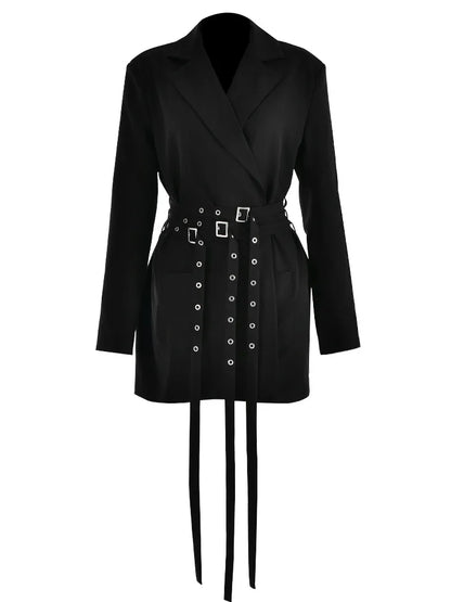 Double Layer Bandage Slim Blazer Long Sleeve Pocket Long Jacket Female Suit Outwear Tops Street Party Autumn