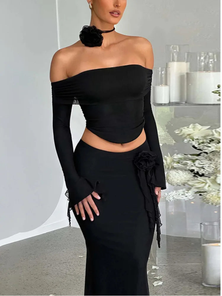 Winter New Long Sleeved Half Skirt Set for Woman 3d Flower Slim Tight Long Skirt Party Evening Dress Two Piece Set