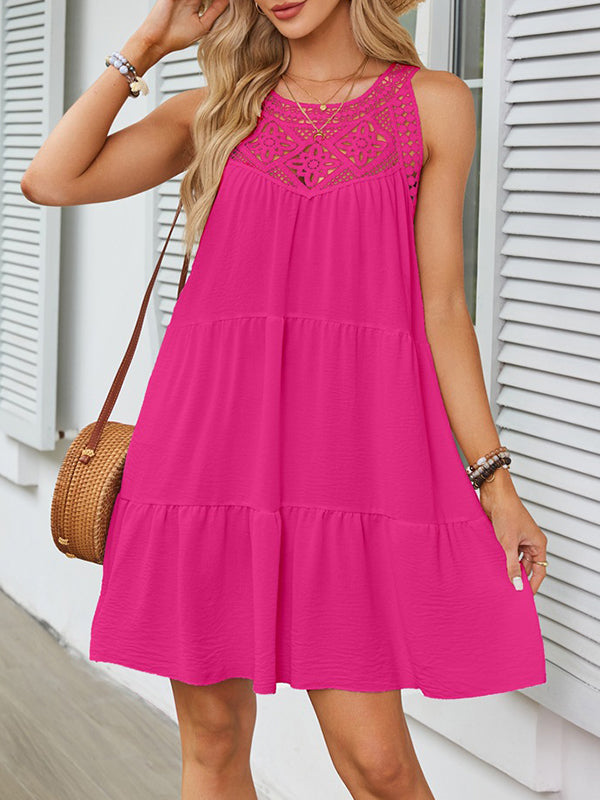 A-line Loose Hollow Pleated Color Split-joint Round-neck Mini Dresses