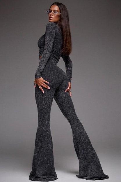 Zip Front Crop Top Flared Pants Set