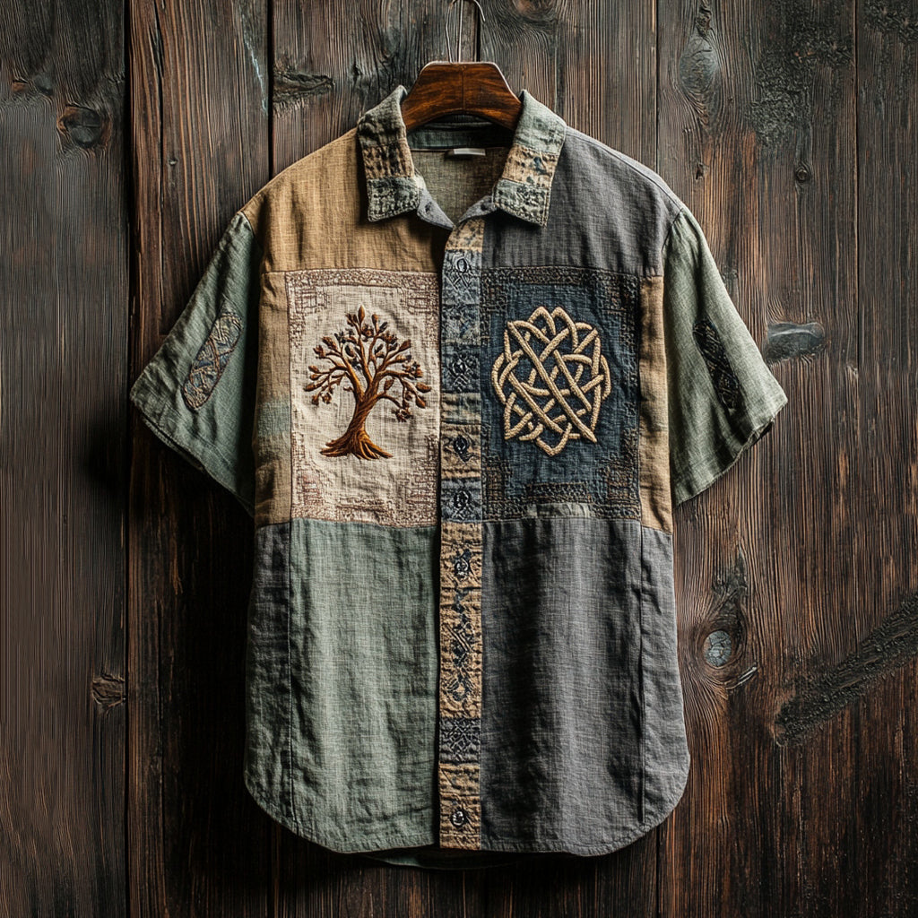 Men's Celtic Knot Tree Of Life Patchwork Contrast Shirt elevenforest